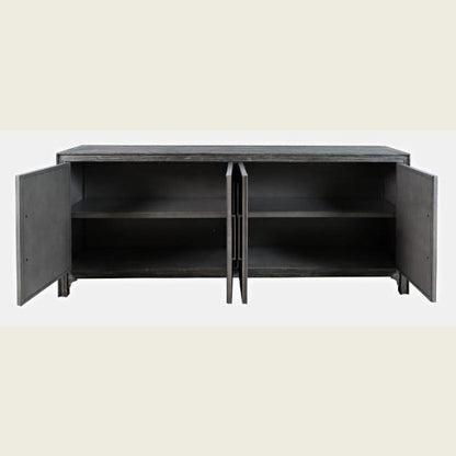 Open black cabinet with two shelves and open doors.
