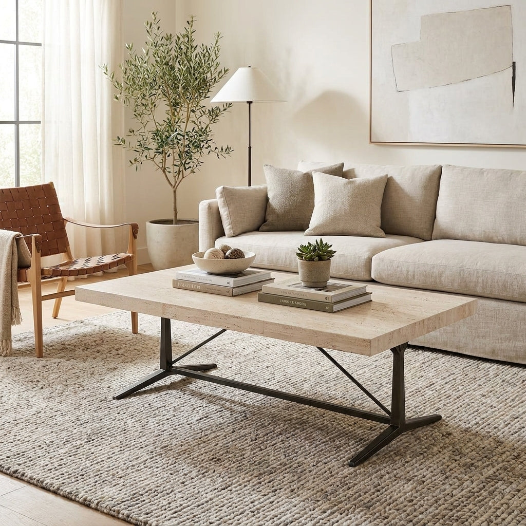 Cozy living room with beige sofa, wooden table, and plant.