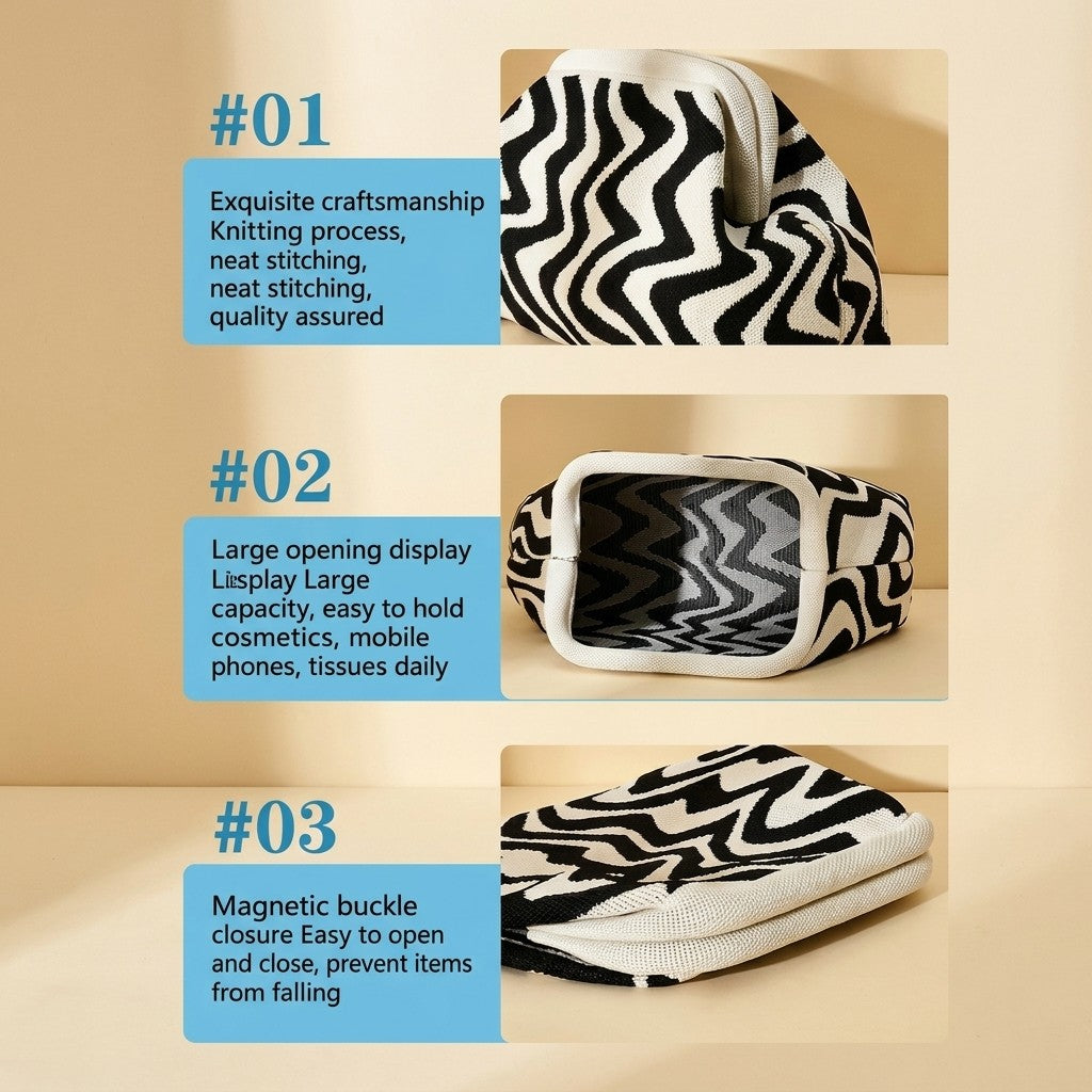 Black and white zigzag bag, features craftsmanship, large opening, magnetic closure.