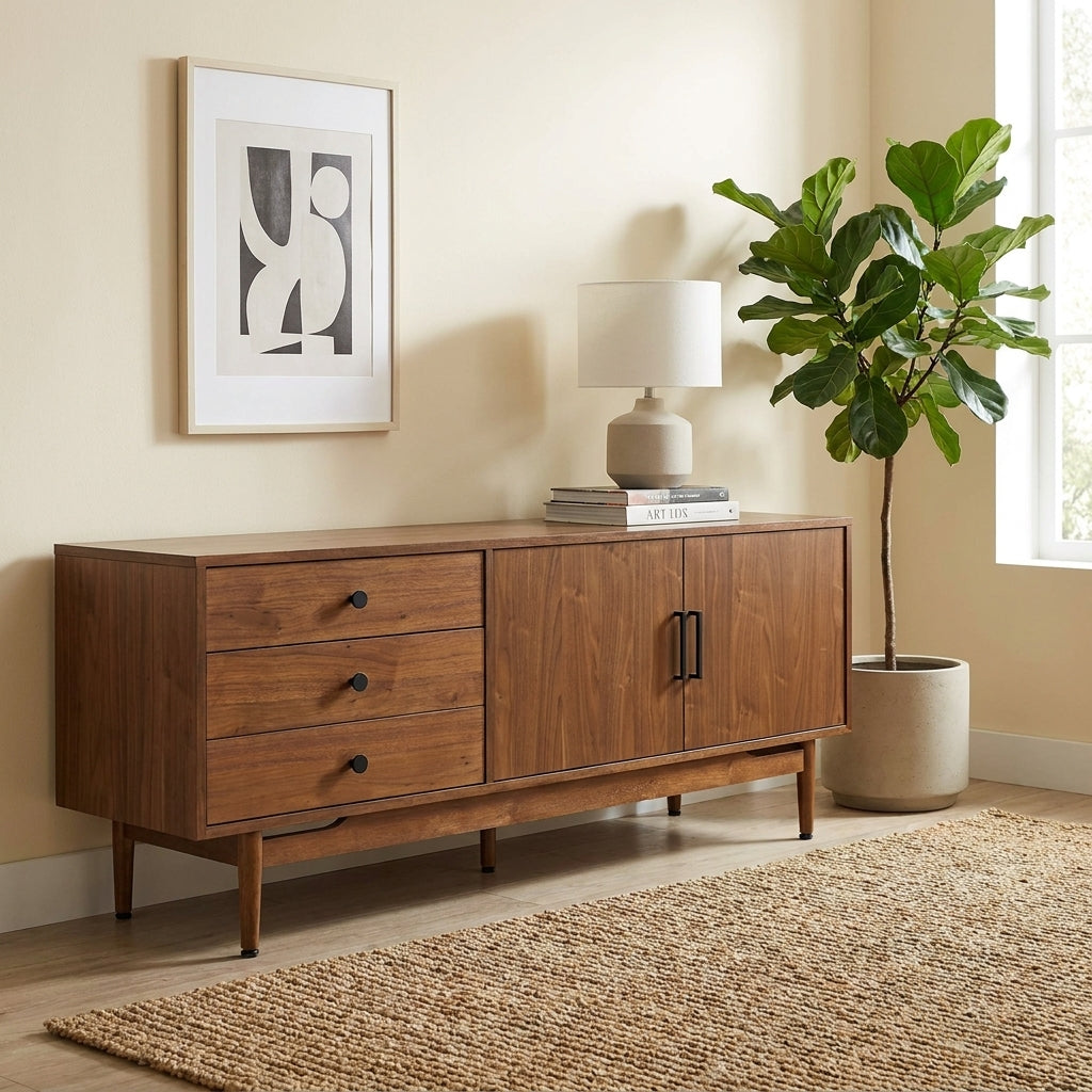 Mid-century sideboard with plant, abstract art, and lamp on a woven rug.