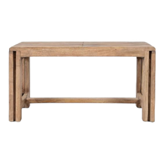 Wooden bench with simple, rustic design.