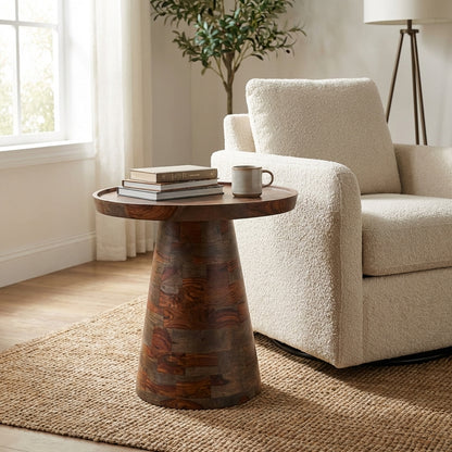 Wooden round table with a cone-shaped base, artistically patterned.