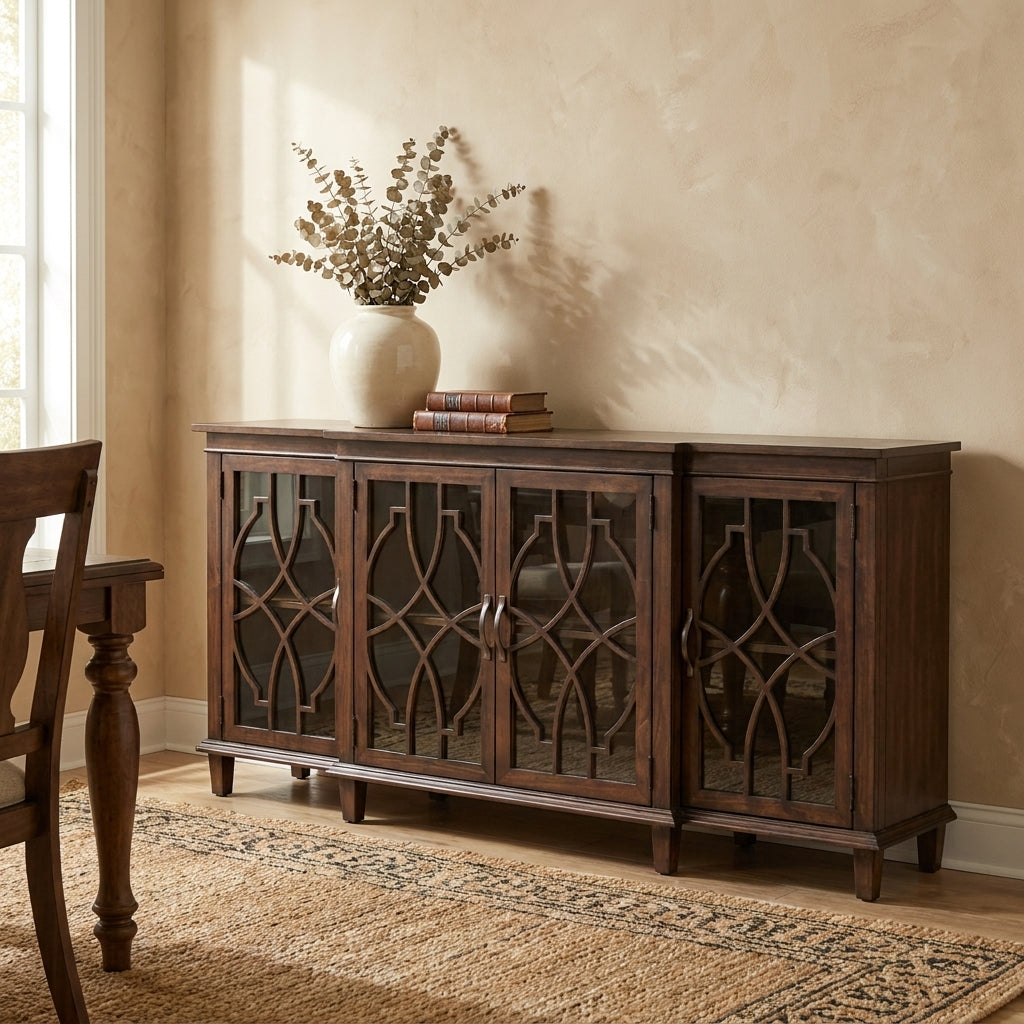Elegant wooden sideboard with intricate glass door design.