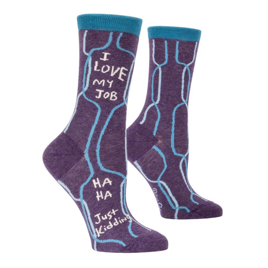 Purple socks with blue patterns and funny text about loving a job.