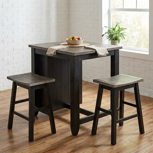 Wooden table with two matching stools.