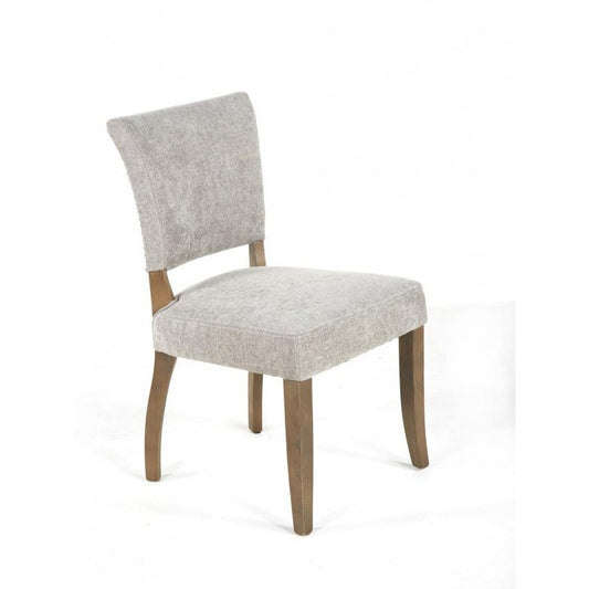 Gray upholstered chair with wooden legs on a white background.