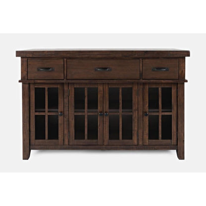 Dark wooden sideboard with three drawers and four glass-paneled cabinet doors.