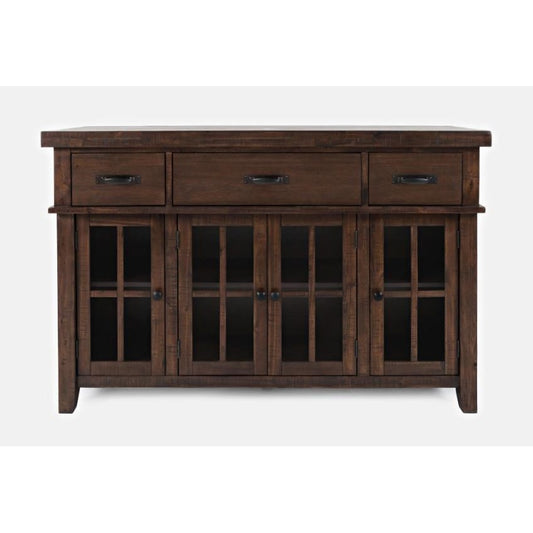 Dark wooden sideboard with three drawers and four glass-paneled cabinet doors.