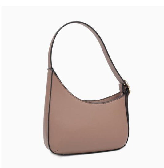 Beige leather handbag with a curved design and a single strap.