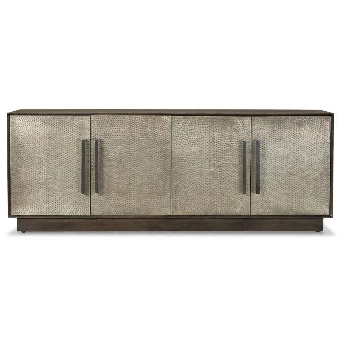 Textured metal buffet with four doors and dark handles.
