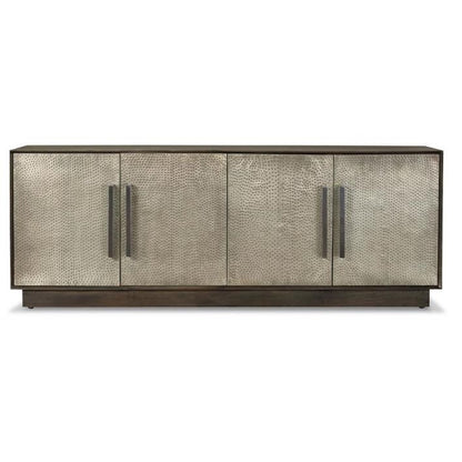 Textured metal buffet with four doors and dark handles.