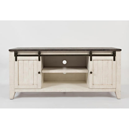White cabinet with a dark top, featuring sliding doors and open shelves.