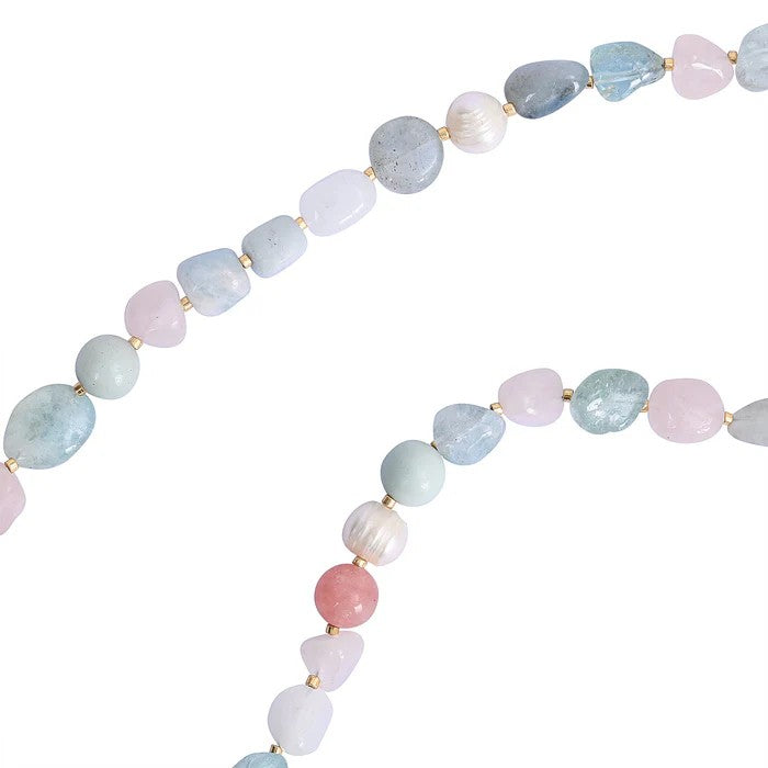 Colorful gemstone necklace with varied pastel beads.