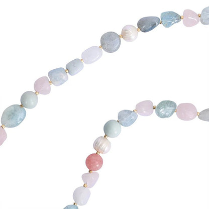 Colorful gemstone necklace with varied pastel beads.