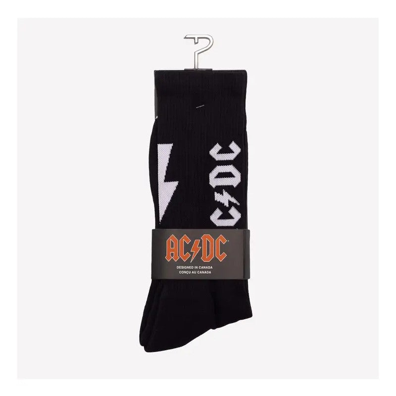 Black AC/DC socks with white lightning bolt.