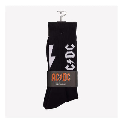 Black AC/DC socks with white lightning bolt.