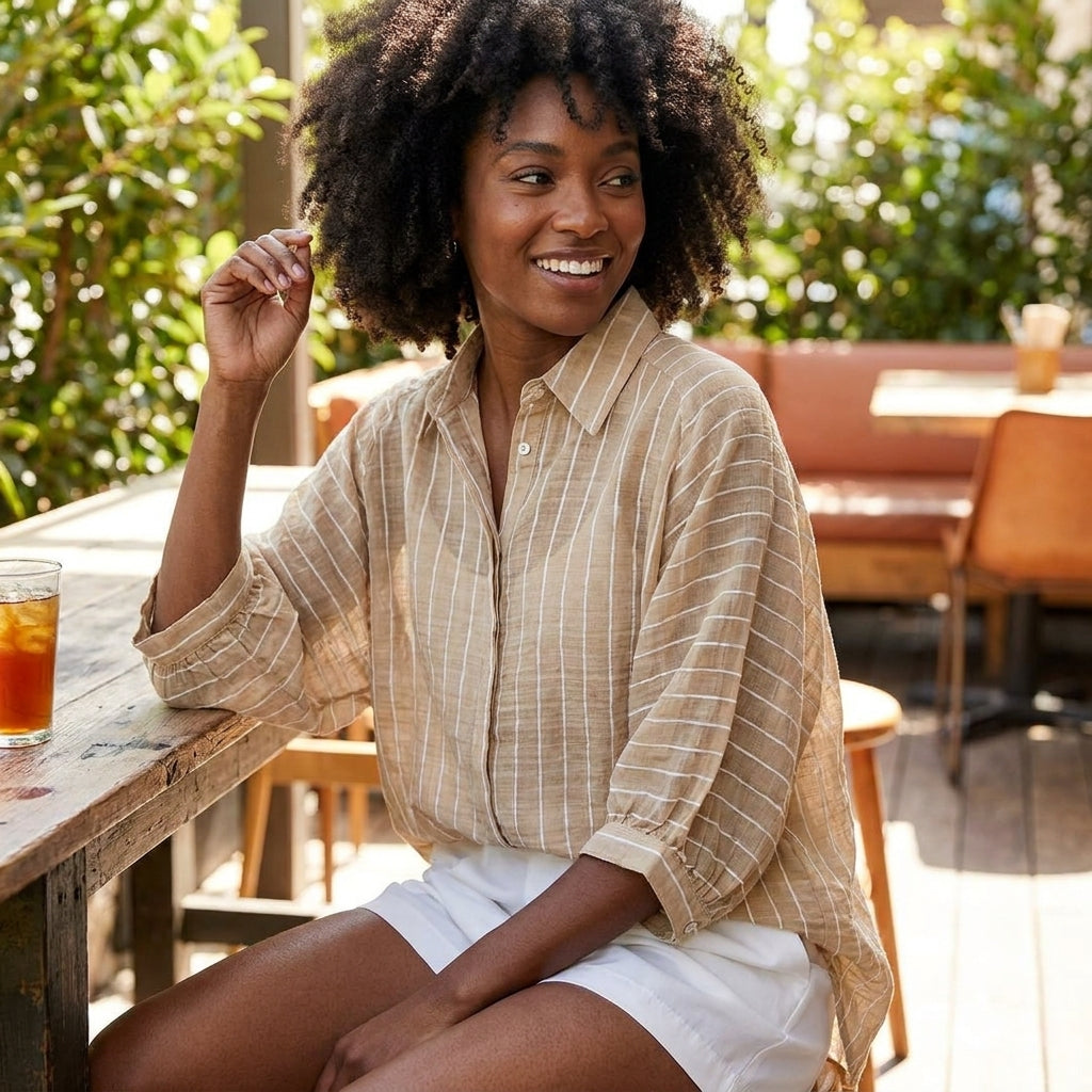 Smiling woman in striped shirt, sitting outdoors by a wooden table with iced drink.
