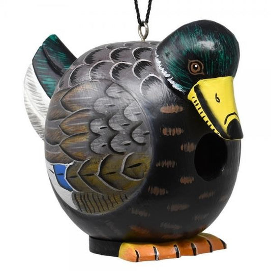 Duck-shaped birdhouse with intricate details and vibrant colors.