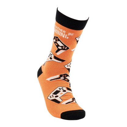 Orange sock with game controller pattern and black cuff.