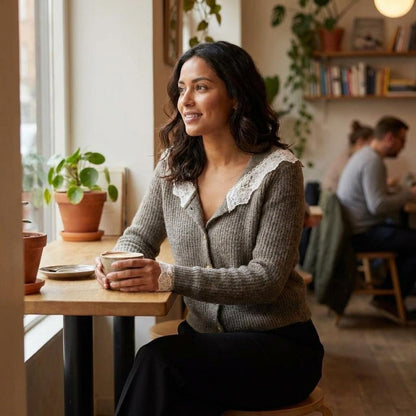 Person enjoying coffee in a cozy cafe with plants and books in the background.