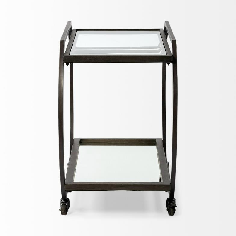 Two-tier metal and glass bar cart with wheels.