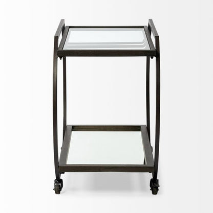 Two-tier metal and glass bar cart with wheels.