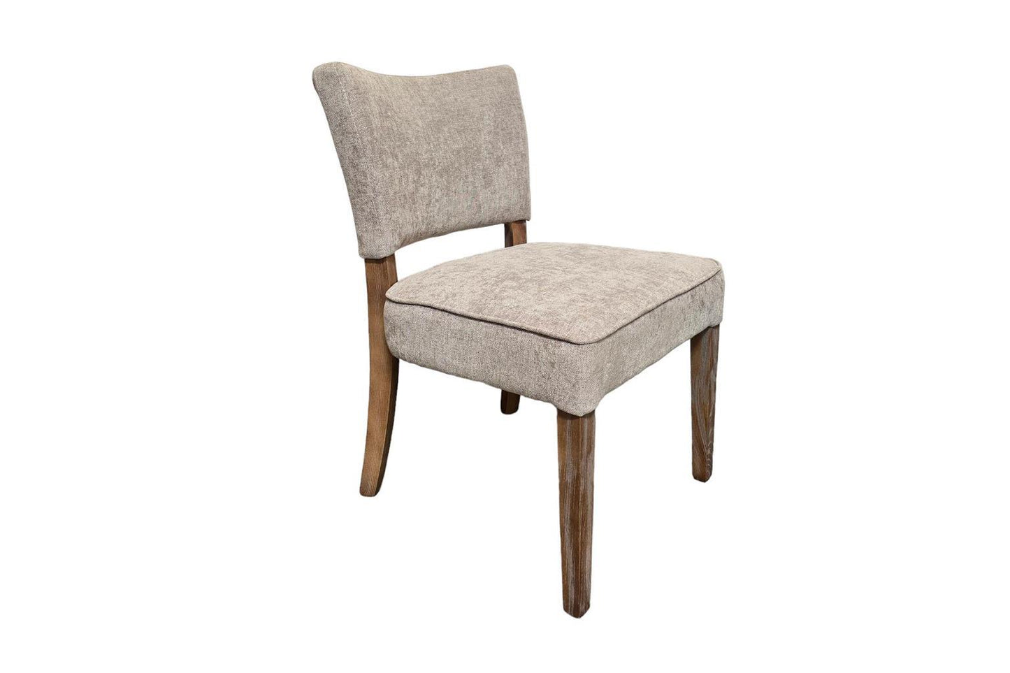 Beige upholstered chair with wooden legs.