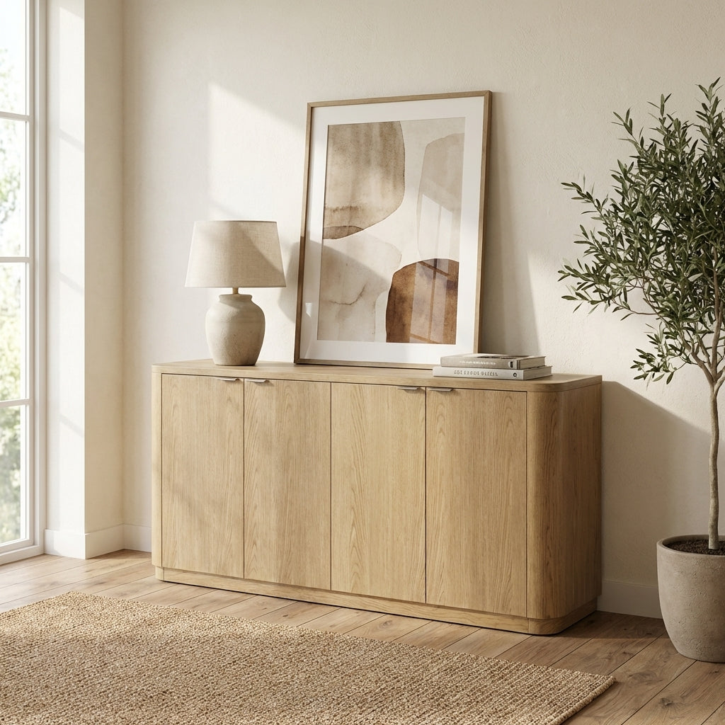 Minimalist room with wooden cabinet, abstract art, lamp, and potted plant.