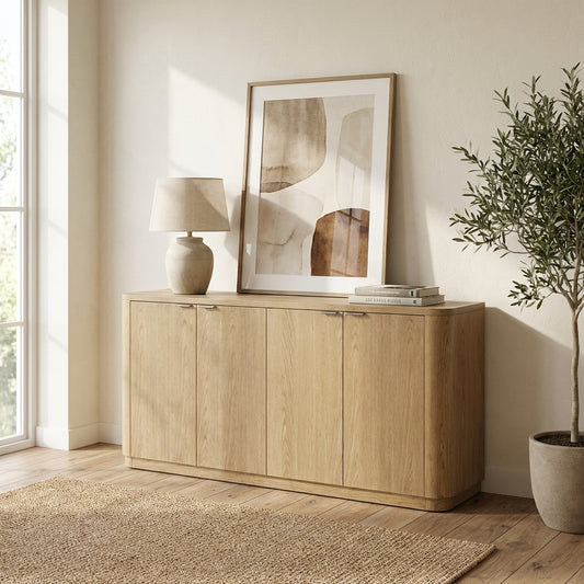 Minimalist room with wooden cabinet, abstract art, lamp, and potted plant.