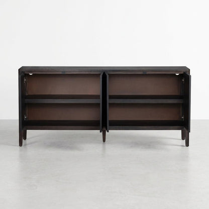 Open dark wood cabinet with shelves.