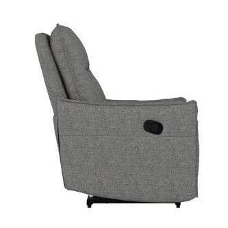 Side view of a gray upholstered recliner chair.