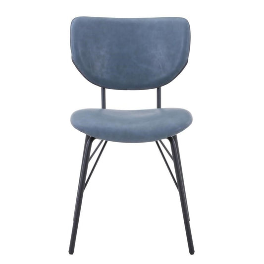 Modern blue chair with a curved backrest and black metal legs.