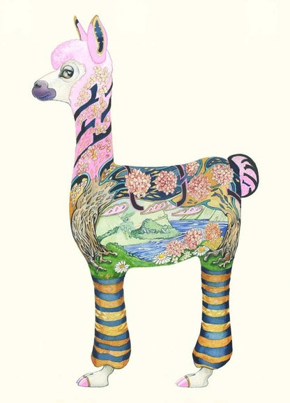 Colorful llama with intricate, nature-inspired patterns on its body.