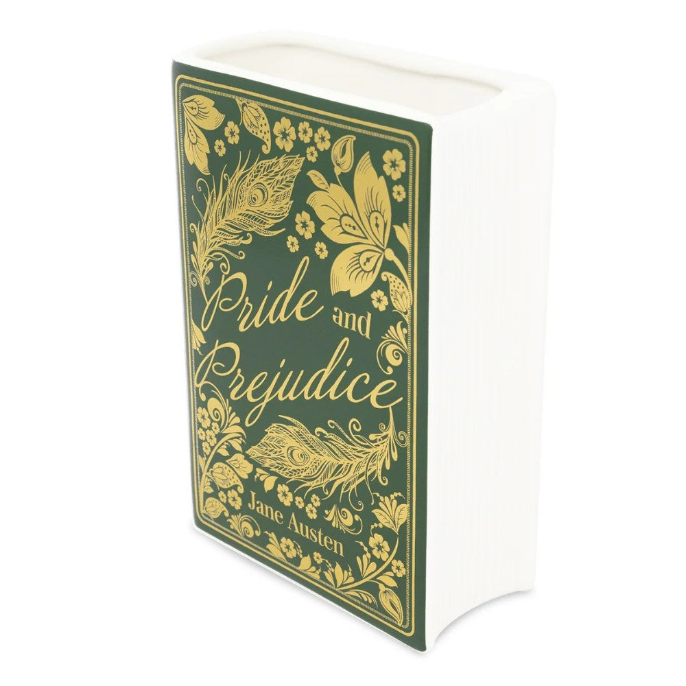 Green "Pride and Prejudice" book vase with golden floral design.