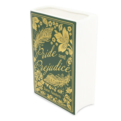 Green "Pride and Prejudice" book vase with golden floral design.