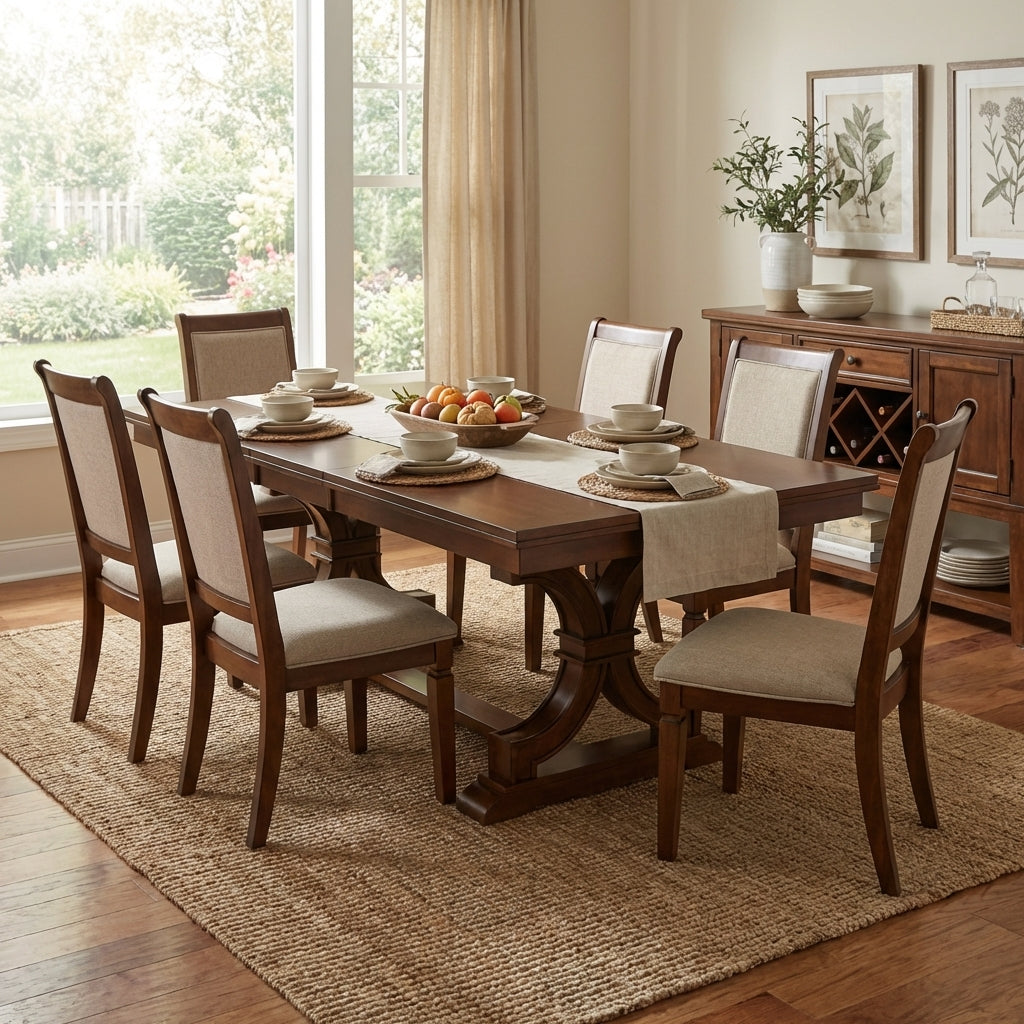 Elegant wooden dining table with ornate pedestal legs.