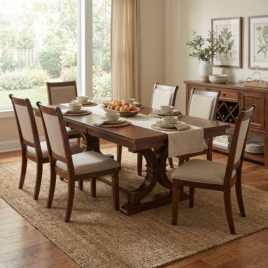 Elegant wooden dining table with ornate pedestal legs.