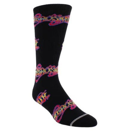 Black sock with neon multicolored abstract pattern design.