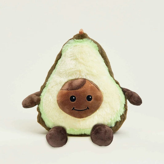 Cute avocado plush toy with a smiling face.