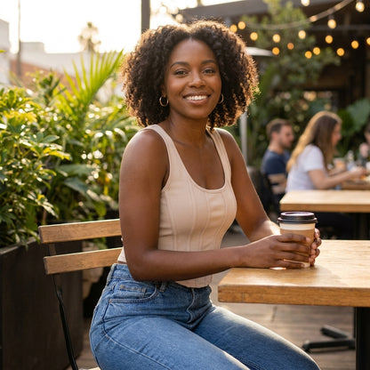 Woman smiling, holding coffee outdoors at a cafe.