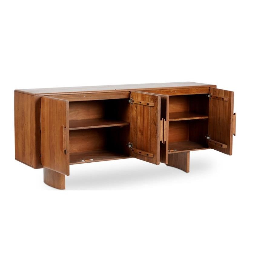 Wooden sideboard with open doors and adjustable shelves.