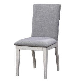 Light gray upholstered chair with a wooden frame and simple design.