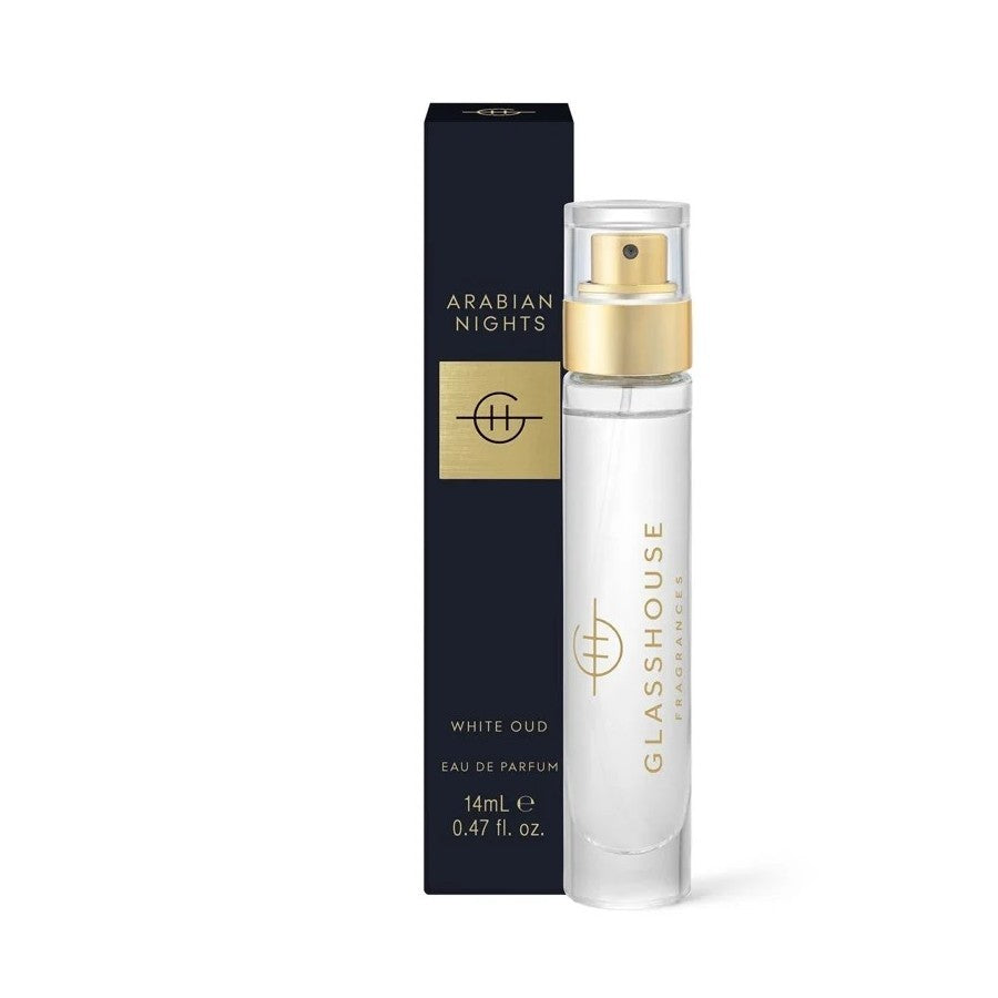 Perfume bottle "Arabian Nights" by Glasshouse, 14ml, with golden accents.
