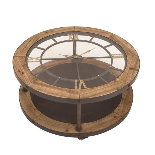 Round coffee table with clock design and wooden accents.
