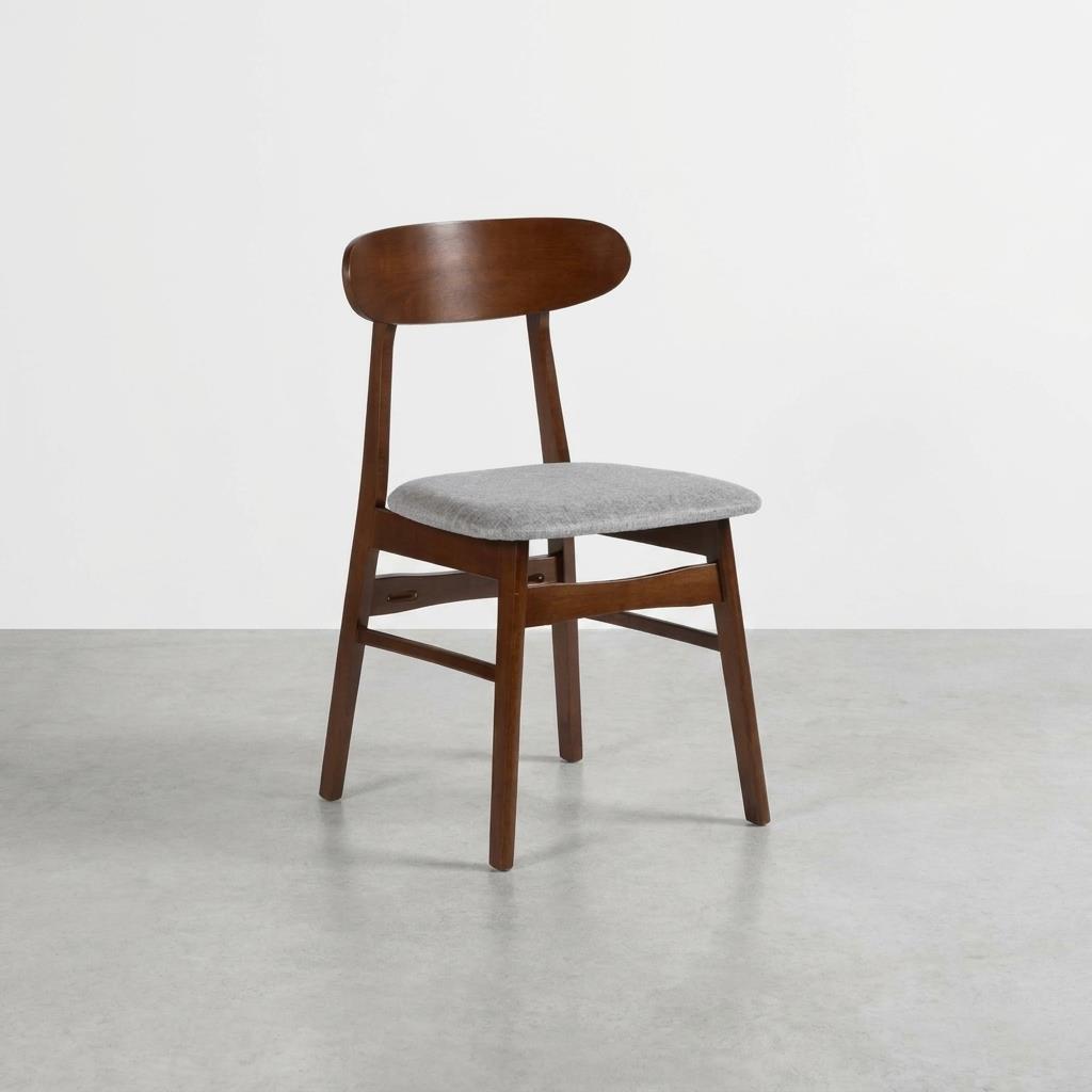 Mid-century modern chair with wooden frame and gray cushioned seat.