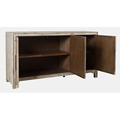 Wooden cabinet with two open doors and interior shelves.