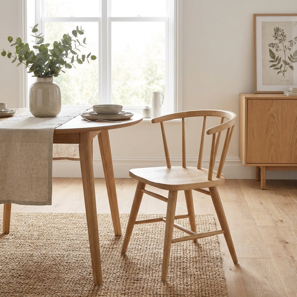 Wooden spindle-back chair with a round seat and angled legs.