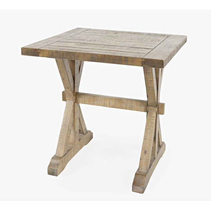 Rustic wooden table with a sturdy cross-base design.