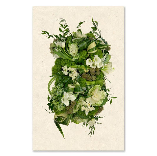 Lush green floral arrangement with white accents on a beige background.