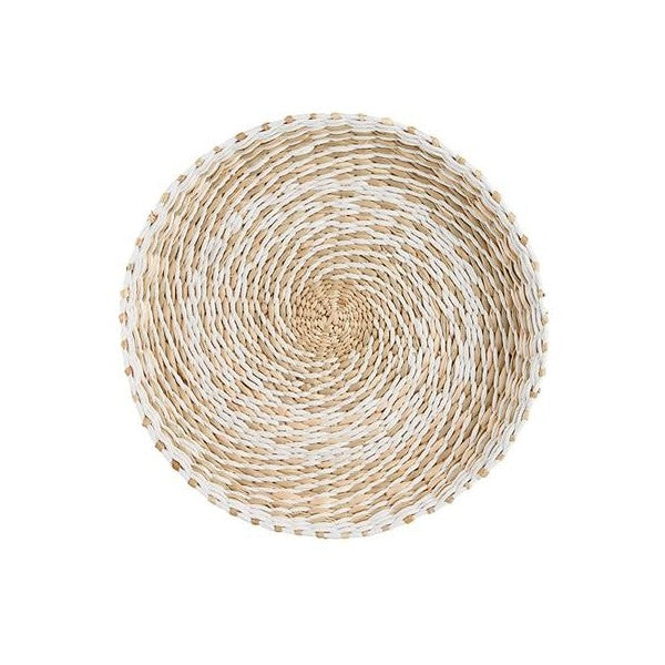 Round woven basket with a spiral pattern.